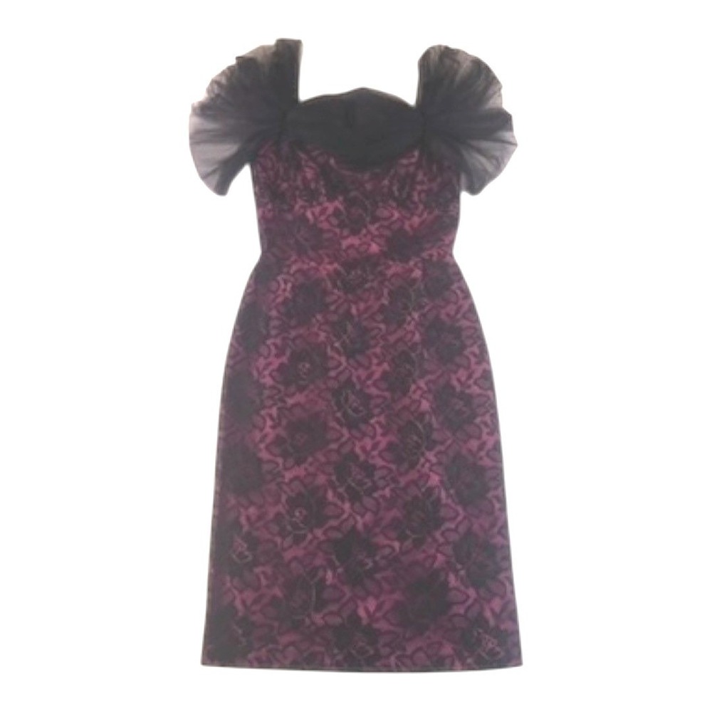 Vintage Linek Modelle Black Burgundy Lace Tulle Puff Sleeve Dress